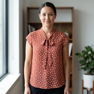Lily White Women's Brown/White Polka Dot Ruffled Sleeve Blouse with Bow-Tie Sz M